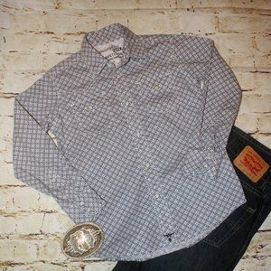 WRANGLER 20X BOYS' SZ M COMPETITION GREY GEO PRINT LONG SLEEVE WESTERN SHIRT
